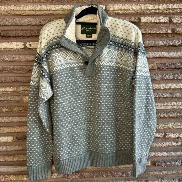 Eddie Bauer Men's Gray Fair Isle Chunky Knit Sherpa Lined Henley Sweater Size L - Picture 8 of 8